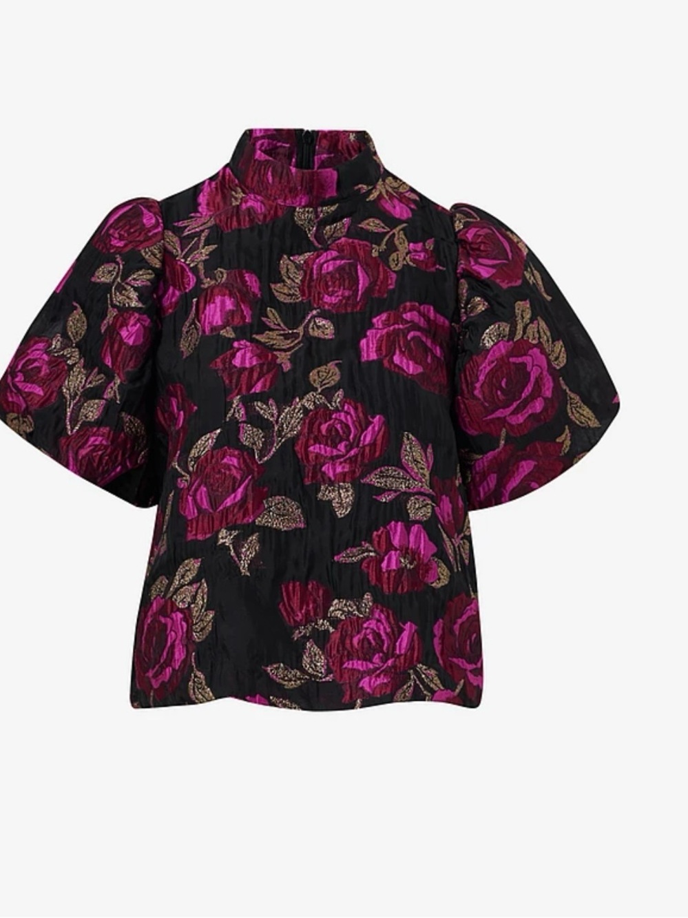 High-Neck Puff Sleeve Floral Crop Top in Black and Fuchsia
